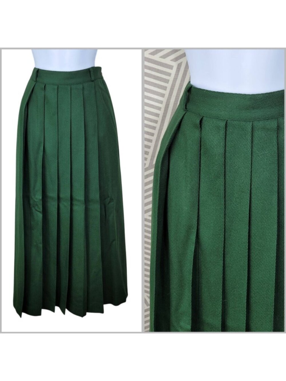 Vintage 100% Virgin Wool Skirt Size 8/10  28" Midi Pleated Hunter Green Womens